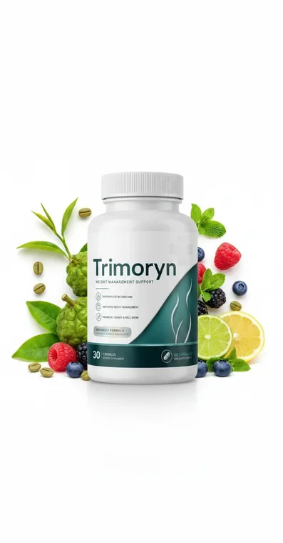 The second Trimoryn product photograph, with the bottle among green coffee beans, berries and citrus