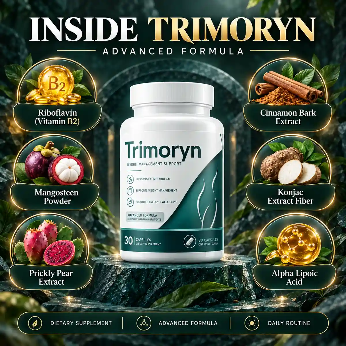 The seller&rsquo;s inside-the-formula graphic naming riboflavin, mangosteen, prickly pear, cinnamon bark, konjac fibre and alpha lipoic acid