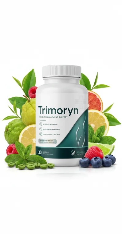 A Trimoryn bottle standing among leaves, citrus, berries and green coffee beans