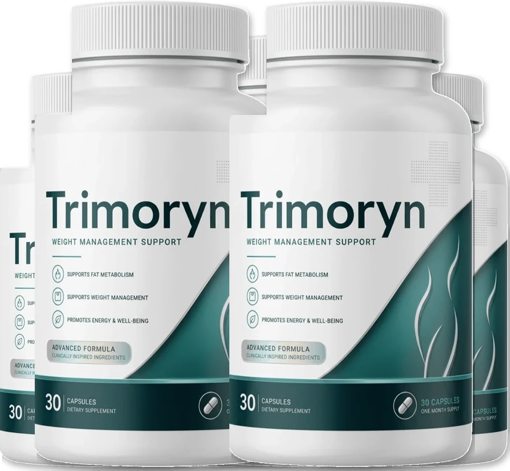 Six Trimoryn bottles grouped, front labels showing the 30-capsule count
