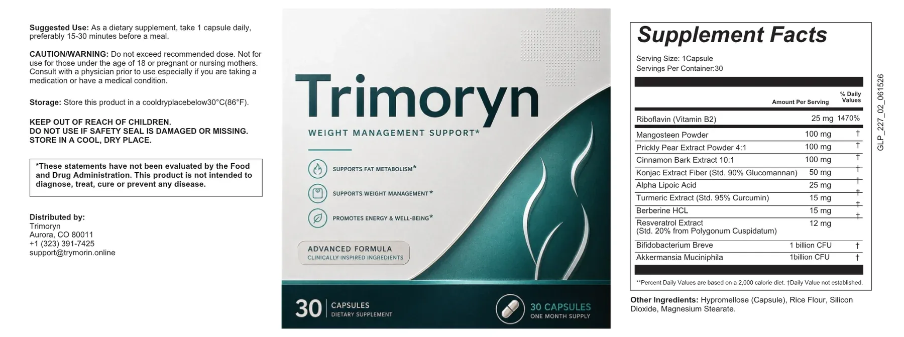The Trimoryn label artwork showing the suggested use, the caution, the distributor block and the Supplement Facts panel