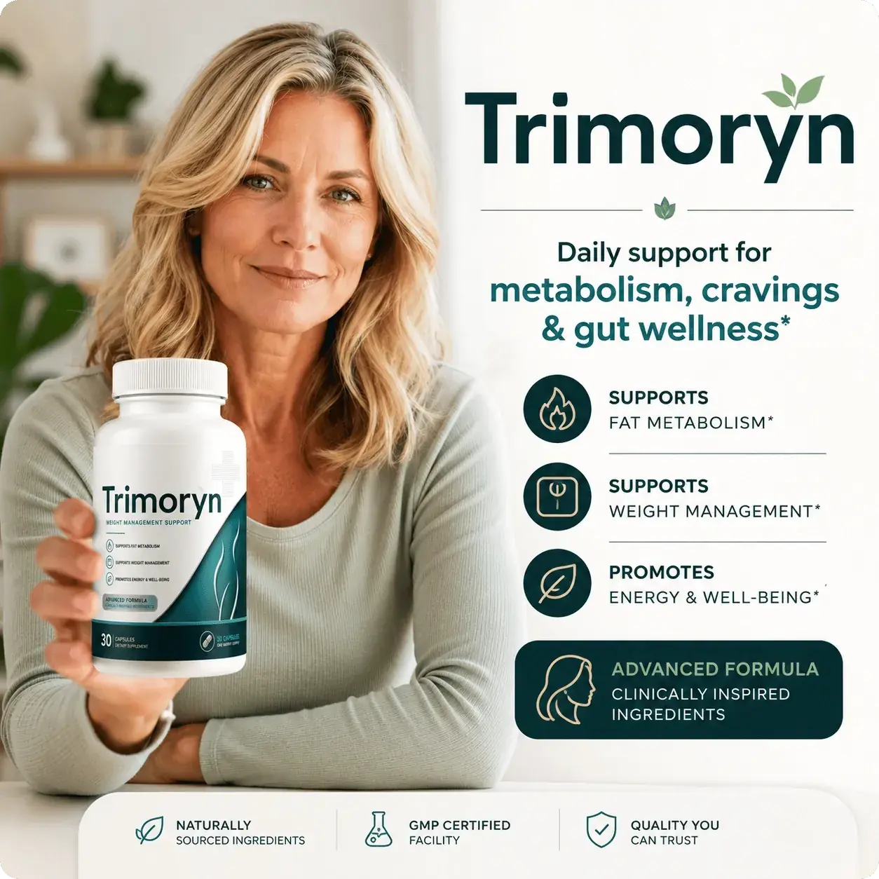 A woman in her fifties holding a Trimoryn bottle, with the label&rsquo;s three support lines beside her